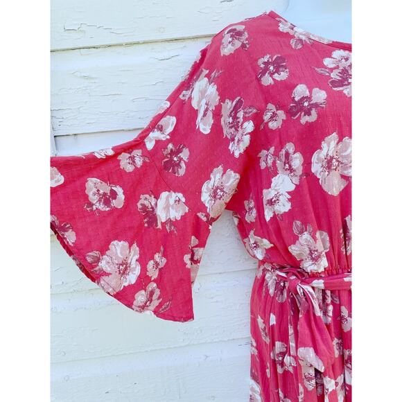 Peach Love California Dress Flutter Sleeve Ruffle Hem Sz Medium Coral Floral - Picture 2 of 7